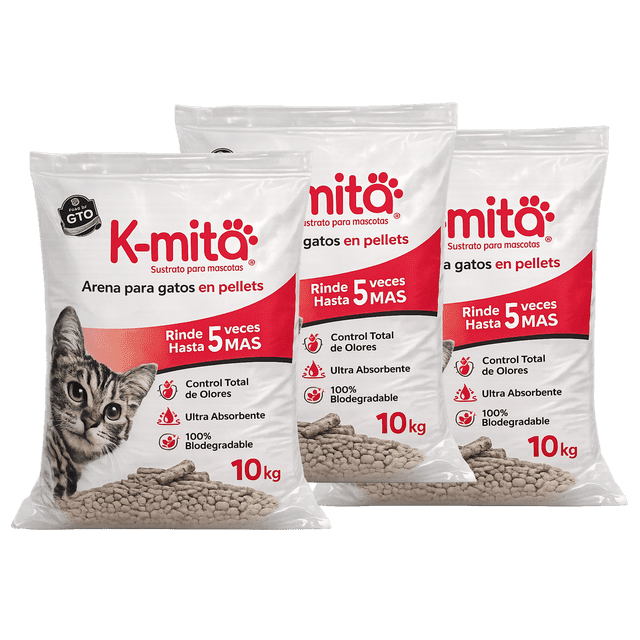 Kmita Premium - 30 kg (3 de 10kg) - Arena para Gato en Pellets, 100% Natural – Biodegradable – Rinde 5 Veces Más - Cero Olores - Cero Polvo - Ulta Absorbente