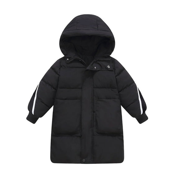 SGMVNU Girls Winter Down Coats Boys Mid Length Full Zip Hood Puffer Jacket Padded Down Coat Hooded Warm Windproof Snowwear Outwear with Pockets(Size 9-10 Years, Black)