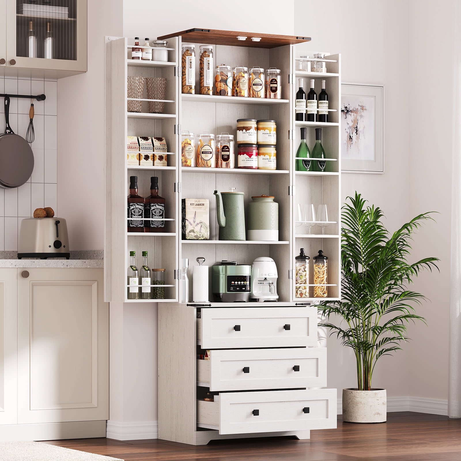 72" Tall Kitchen Pantry Cabinet with 3 Drawers&2 Barn Doors, Farmhouse  Storage Cabinet with Adjustable Shelves for Kitchen, Dining Room and Living Room