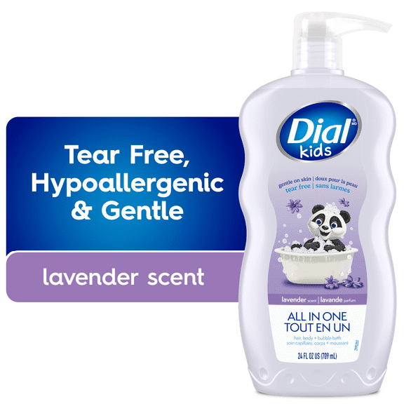 Dial Kids All in One Hair, Body Wash and Bubble Bath, Lavender Scent, 709ml, Hypoallergenic, Tear Free, Pediatric Dermatologist Tested, Free from Silicones, Parabens, Phthalates, 1 bottle