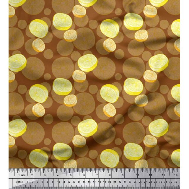 Soimoi Brown Georgette Viscose Fabric Lemon Slice Vegetable Print Fabric by the Yard 42 Inch Wide
