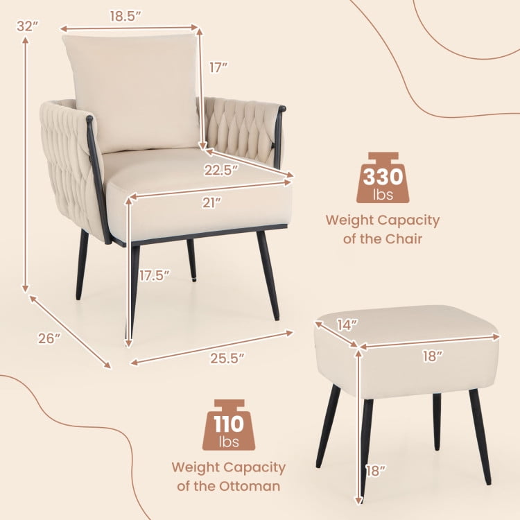 Finihen Accent Chair, Modern Upholstered Accent Chair, Modern Dutch Velvet Accent Chair and Ottoman Set with Weaved Back and Arms, for Living Room, Bedroom, White Finihen Accent Chair, Modern Upholstered Accent Chair, Modern Dutch Velvet Accent Chair and Ottoman Set with Weaved Back and Arms, for Living Room, Bedroom, White