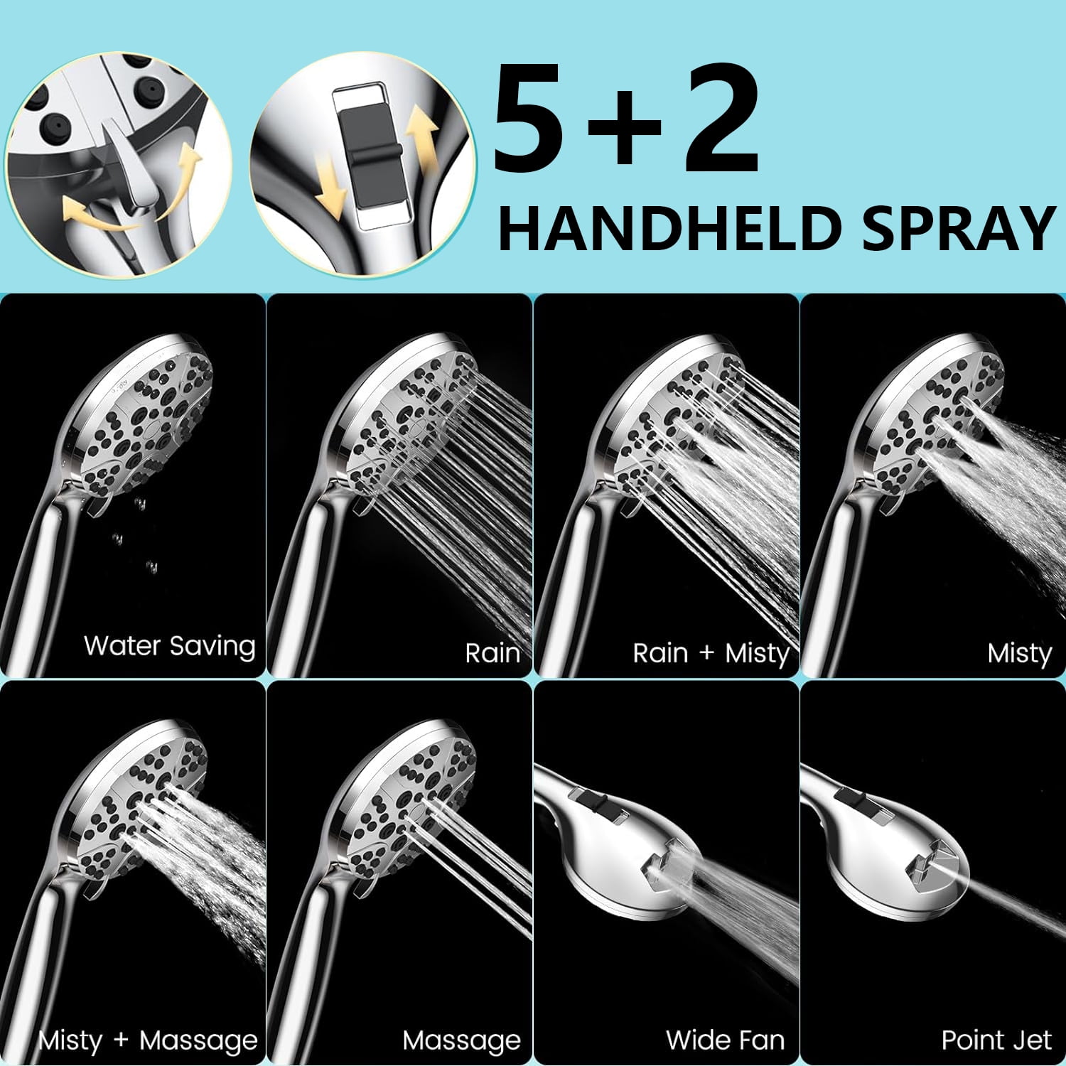 PHANCIR 12 Inch Rain Shower Head Combo, High Pressure Rainfall with Ajustable Extension Arm, 7 Modes Handheld Showerhead for Bathroom, Chrome