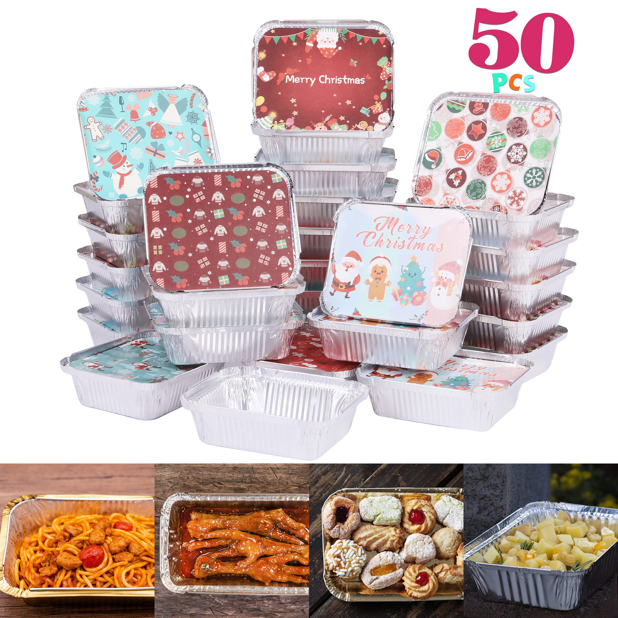 Joyin 48 Pcs Christmas Cookie Tins with Lids for Gift Giving, Rectangular Treat Foil Containers, Tupperware Disposable Food Storage Pan for Holiday