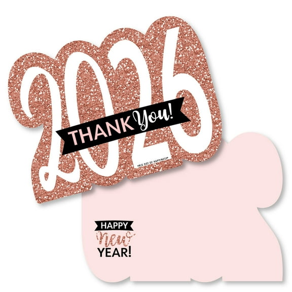 Big Dot of Happiness Rose Gold Happy New Year - Shaped Thank You Cards - 2026 New Year's Eve Party Thank You Note Cards with Envelopes - Set of 12