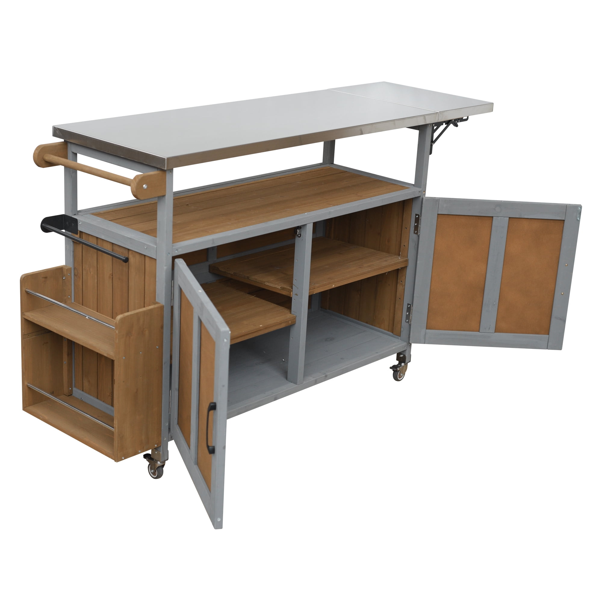 Harper & Bright Designs Outdoor Extendable Kitchen Island with Wheels, Patio Kitchen Cart with Foldable Stainless Steel Top, Portable Prep Station with Storage Cabinet, Espresso + Grey