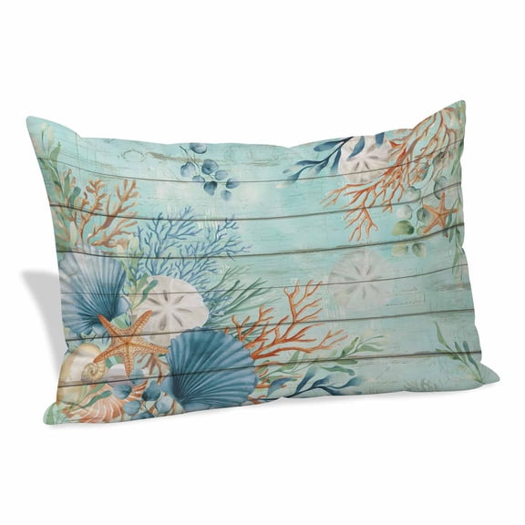 Teal Beach Coastal Pillow Covers 12"x20", Summer Nautical Coral Shell Botanical Vintage Soft Brushed Microfiber Breathable Throw Pillow Covers, Pillowcase with Zipper for Couch Sofa Bedroom