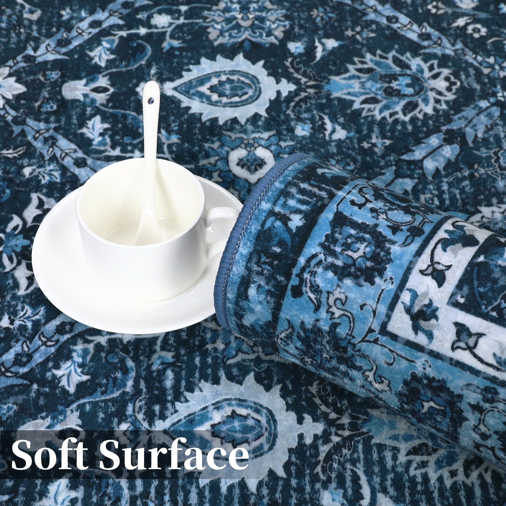 Hasoo Runner Rug 2' x 6' Washable Rugs for Hallway Moroccan Carpet Vintage Rug, Blue