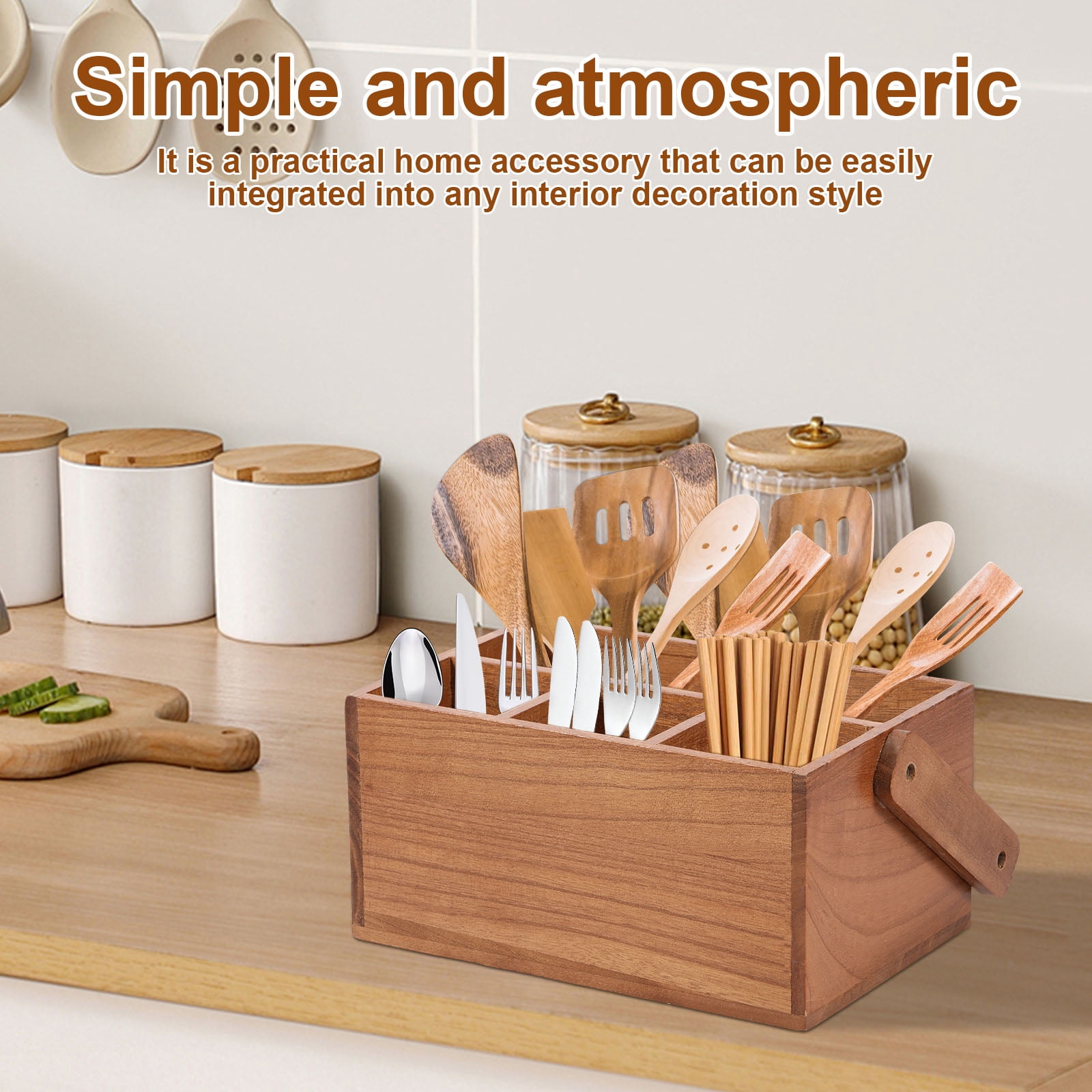 Wood Silverware Caddy with Handle 4 Compartments Utensil Holder Kitchen Cutlery Holder Multipurpose Organizer for Kitchen Office Bathroom Bedroom