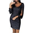 thumbnail image 2 of CEHVOM Robe Mini Fourreau à Manches Longues pour Femmes, Aguichant, Unie, à Paillettes, avec Coutures, Brillante, Boîte de Nuit, Vente, 2 of 6
