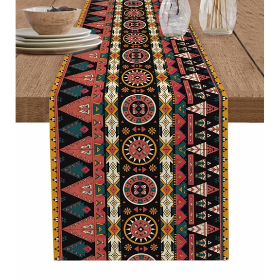 ERUNPONLY Boho Vintage Table Runner - 36 Inch Long Ethnic Abstract Geometric Art Cotton and Linen Blended Dress Scarves Farmhouse Table Runner for Kitchen Dining, Coffee Table, 13"x36"