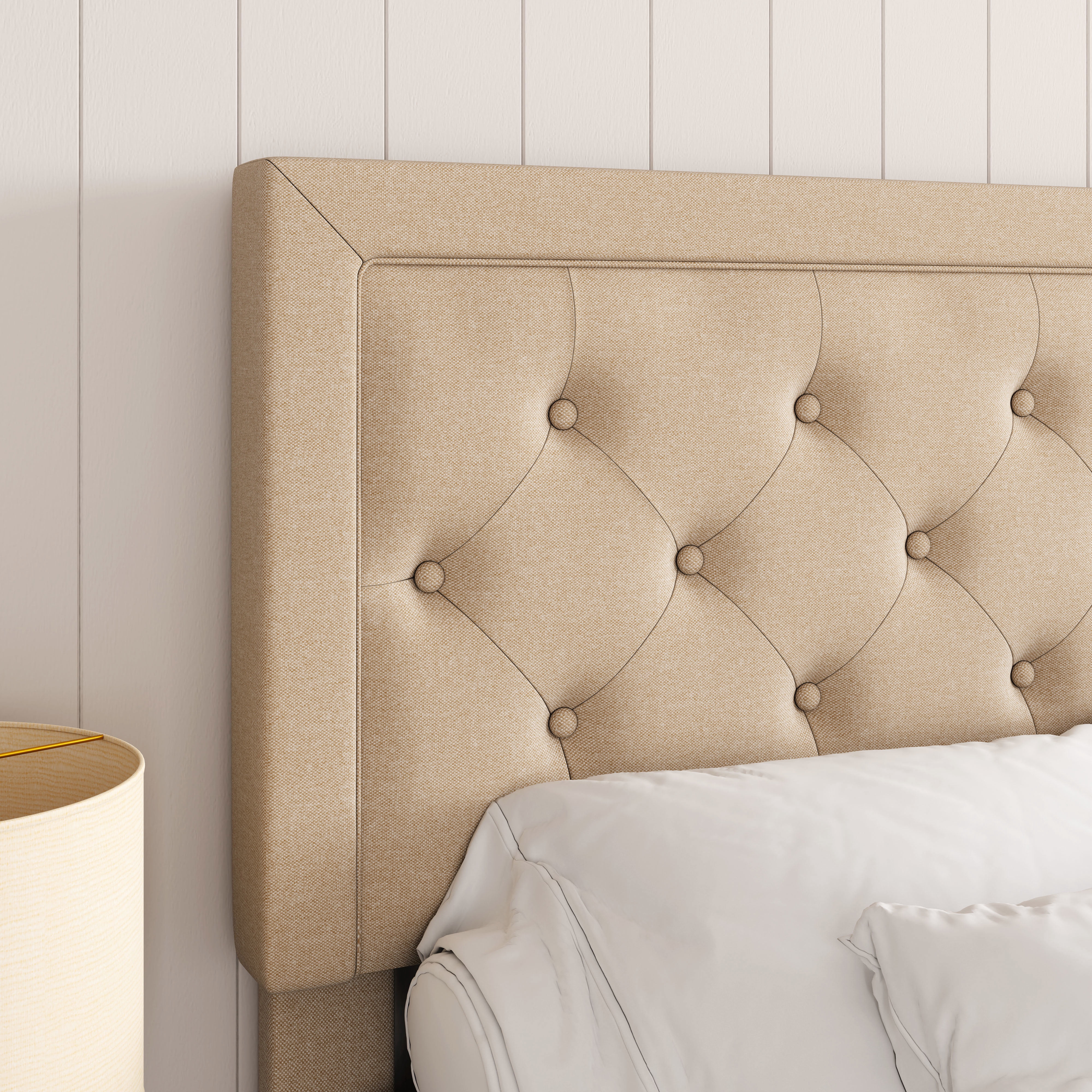 Allewie Full Size Button Tufted/Fabric Upholstered Bed Frame with Adjustable Headboard/Wood Slat Support/Mattress Foundation/Beige