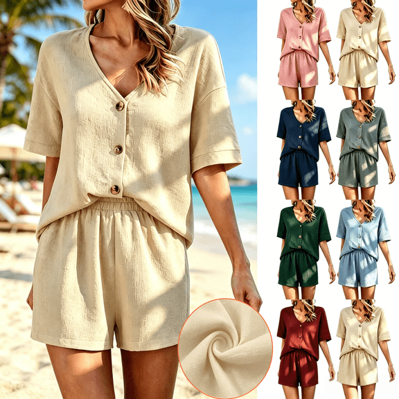 Women's Cotton Two Piece Set Summer Casual Suit Tops And Shorts Fashion Matching Outfit Shorts | TruHer,Beige L