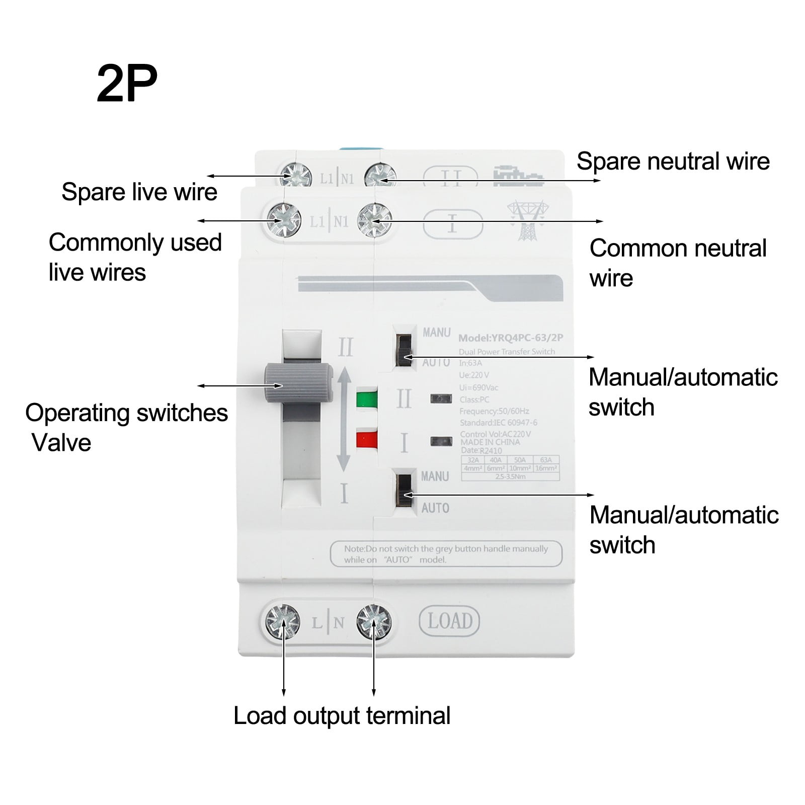 2P 100A 220V Mini ATS Automatic Transfer Switch Electrical Selector Switches Dual Power Switch For Generator Intelligence Light