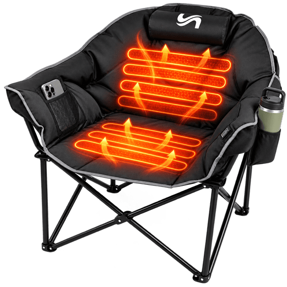 ABORON Oversized Heated Camping Chair with Pillow, Outdoor Portable Heated Folding Chairs, Heating Lawn Chair for Camping and Outdoor Sports - Black