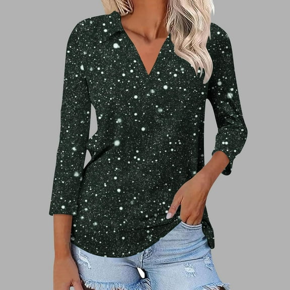 Cagogo Summer Tops 3/4 Sleeves V Neck Collared Tshirt for Women Under $5 Plus Size Sparkly Printed T-Shirts Trendy Summer Blouses Clothes Graduation Gifts for Her