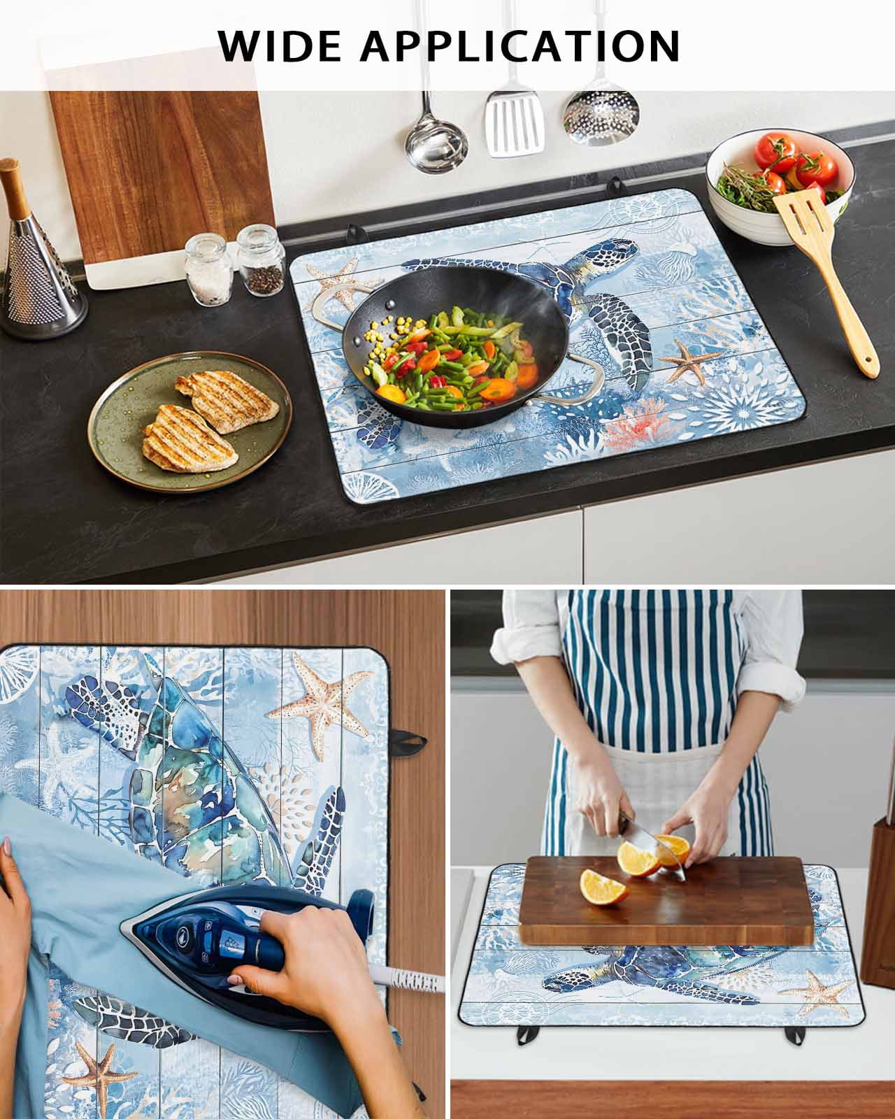 nqOlkjepod Large Induction Cooktop Protector Mat 24"x21", Coastal Turtle Stove Top Covers for Electric Stove, Blue Nautical Starfish Coral Jellyfish Stove Burner Cover Mats, Glass Top Stove Cover