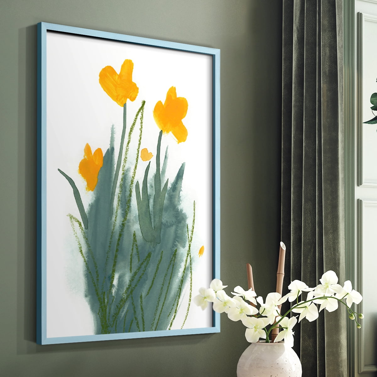 Daffodil Bunch I Framed Print in Blue Solid Wood Framed Print No Nail Hanging