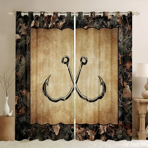 Camo Fish Hook Curtains & Drapes 38"Wx45"L Rustic Lake Fishing Window Curtains Gifts Men Fisherman,Farmhouse Cabin 30%-50% Blackout Curtains Retro Country Curtains 2 Panels