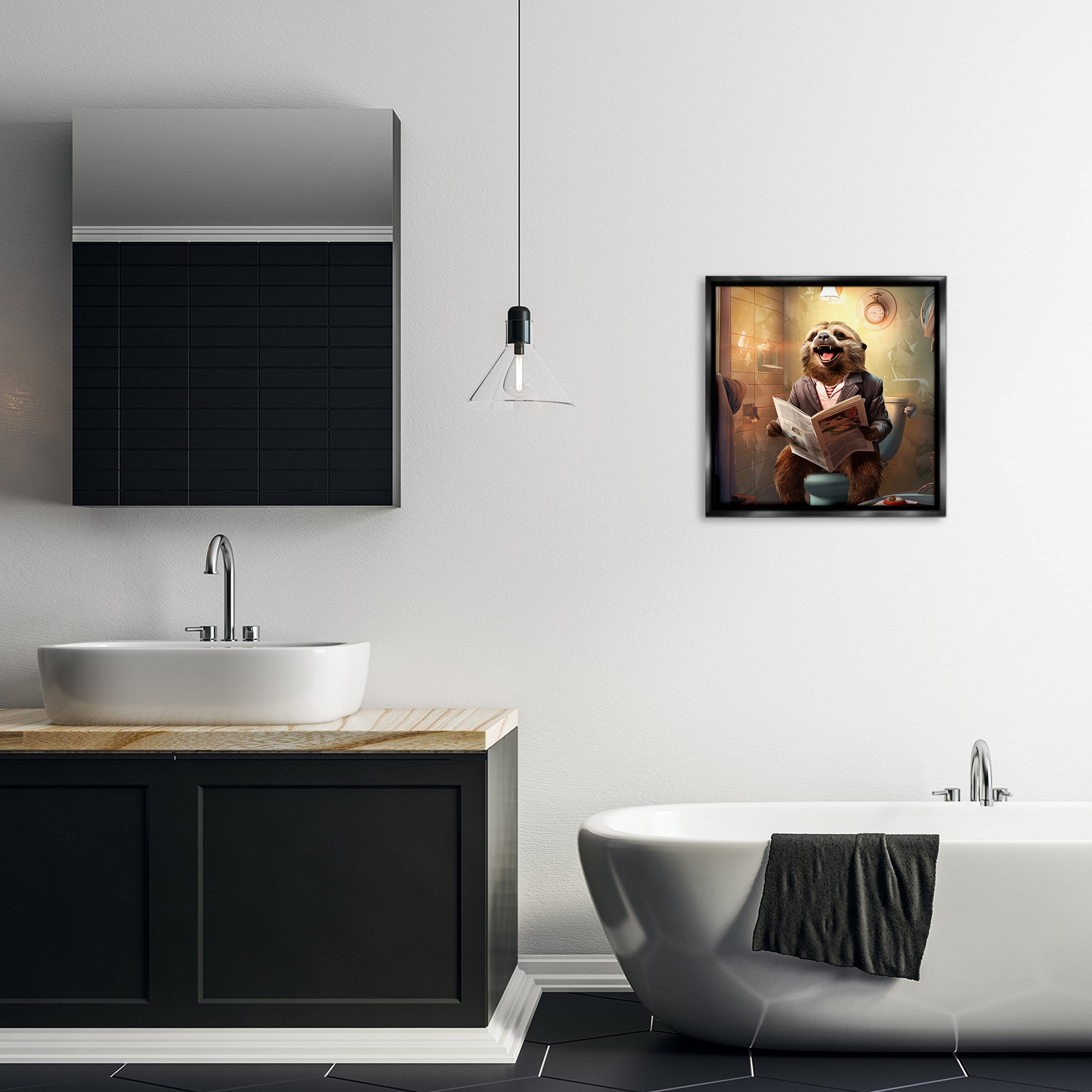 Stupell Industries Smiling Sloth on Toilet Typography Painting Black Floater Framed Canvas Art Print Wall Art, 18 x 18