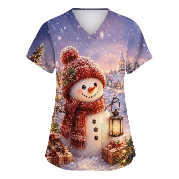 Zorvxlyn Christmas Scrubs Tops for Women Stretchy Women's Nurse Uniform with Pocket Xmas S-5XL Plus Size Christmas Santa Snowman Print Scrub Tops for Women