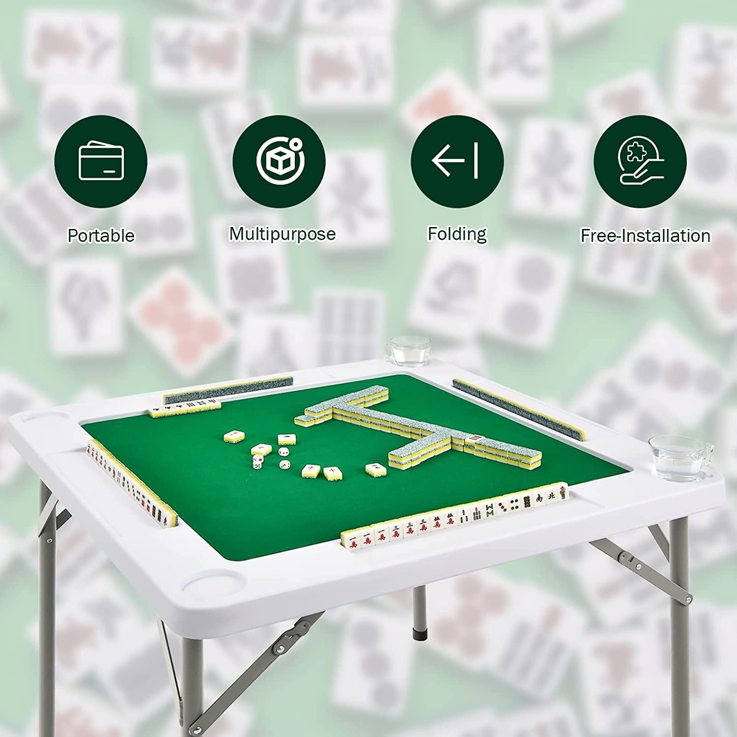 Gotoplay Mahjong Table, Folding Mahjong Table w/Green PVC Tabletop, 4 Cup Holders & 4 Chip Trays, 35 Square 4-Player Folding Card Game Table for Mahjong Poker Domino Game