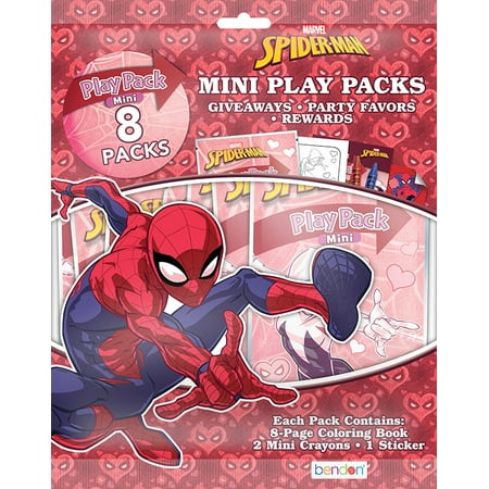 Marvel Spiderman Valentine's Day 8 Count Mini Play Pack with Small Coloring Book and Crayons