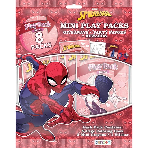 Marvel Spiderman Valentine's Day 8 Count Mini Play Pack with Small Coloring Book and Crayons