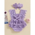 thumbnail image 6 of Hirigin Infant Baby Girl Summer Romper 3 6 12 18 Months Lace Sleeve Pleated Bow Jumpsuit Bodysuit with Headband, 6 of 8