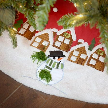 Seasons Designs 56 Inch Red Velvet Christmas Tree Skirt With Snowman And Cabin Design Seasons Designs 56 Inch Red Velvet Christmas Tree Skirt With Snowman And Cabin Design