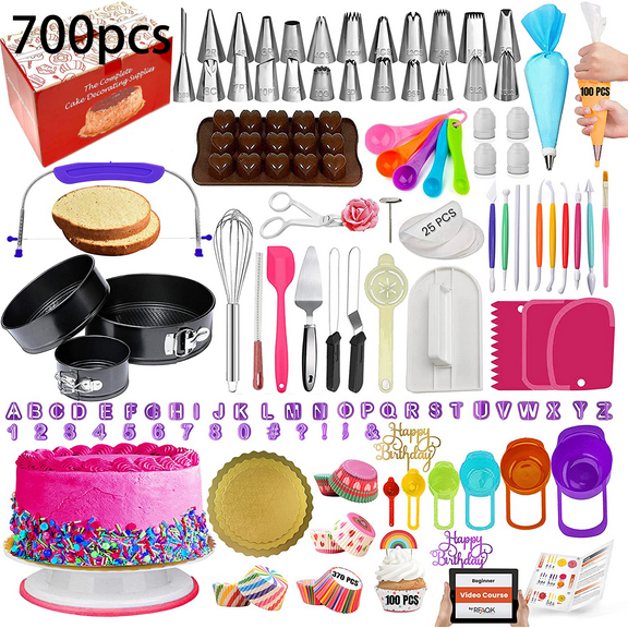 700PCs Cake Decorating Supplies Kit with Baking Supplies- Cake Decorating Tools with Springform Pans, Cake Leveler, Turntable, Numbered Piping Tips, Icing Spatulas, Fondant Tools and More