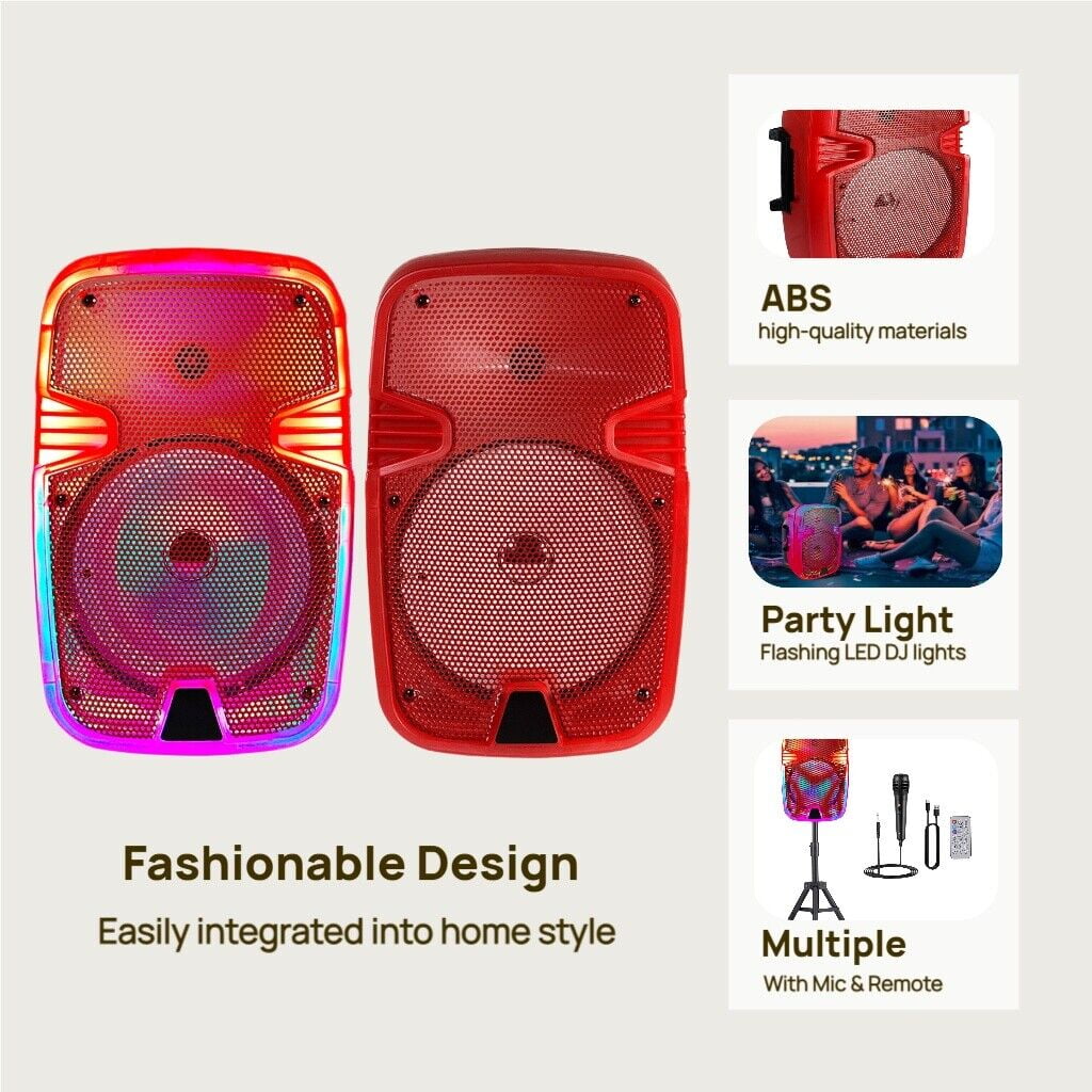 Portable Bluetooth Speaker 8" Woofer w/ Tripod Stand Microphone Remote Control Red LED, Clear Shell