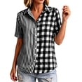 thumbnail image 6 of Button Down Shirts for Women Collared Shirt Short Sleeve Plaid Stripe Patchwor Linen Summer Tops, 6 of 6