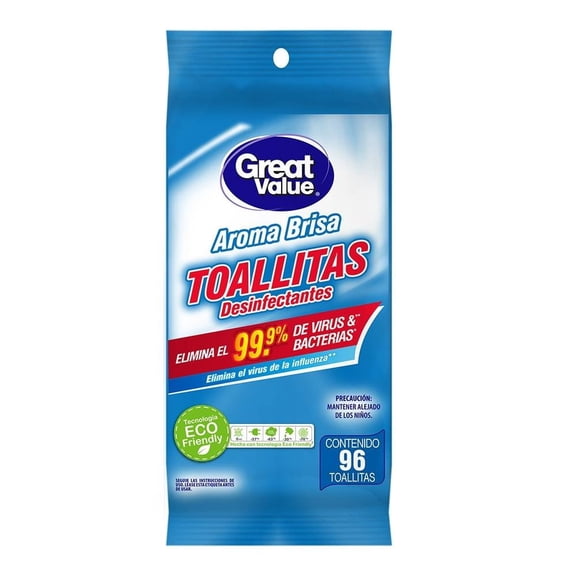 Toallitas desinfectantes Great Value para superficies aroma brisa 96 pzas