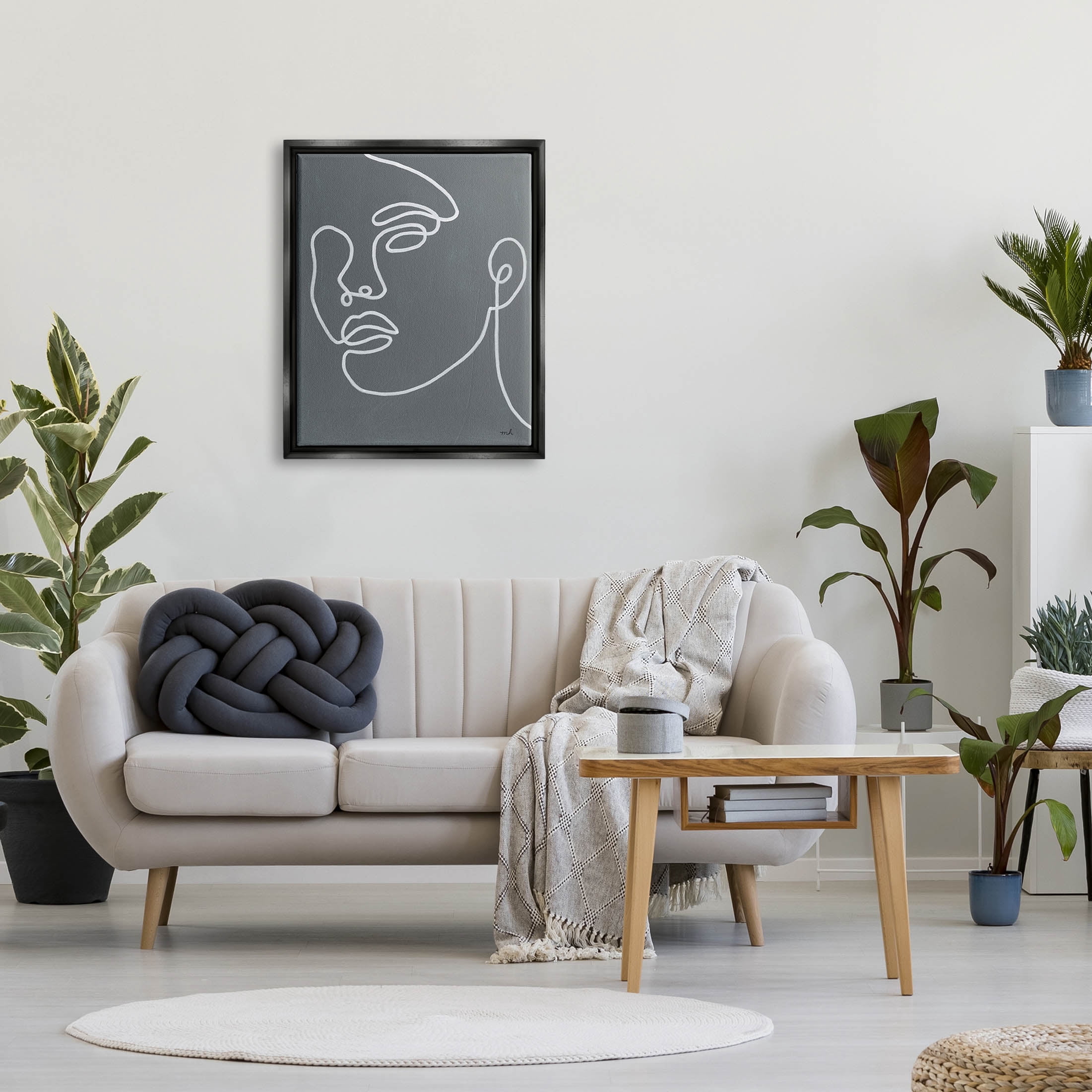 Stupell Industries Grey Minimal Doodle Face Girl Graphic Art Jet Black Floating Framed Canvas Print Wall Art, Design by Moira Hershey