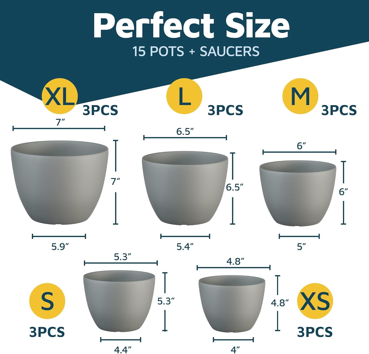 Gray Plant Pots with Drainage Holes & Saucers 15 Packs, Indoor & Outdoor Stackable Plastic Planters in Multiple Sizes for Houseplants & Flowers, Durable & Weatherproof Materials, Matte Finish