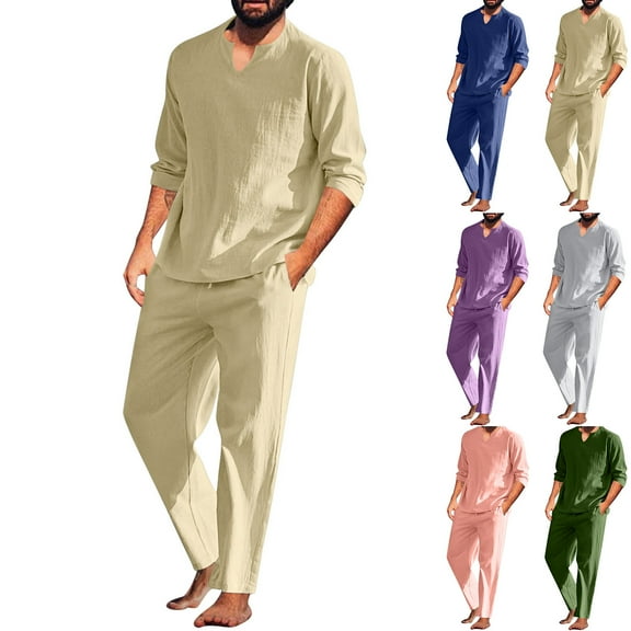 ZZwxWA Men's 2 Pieces Cotton Linen Set Henley Shirt Long Sleeve and Casual Beach Pants Summer Yoga Outfits Solid Color Sets Holiday Saving