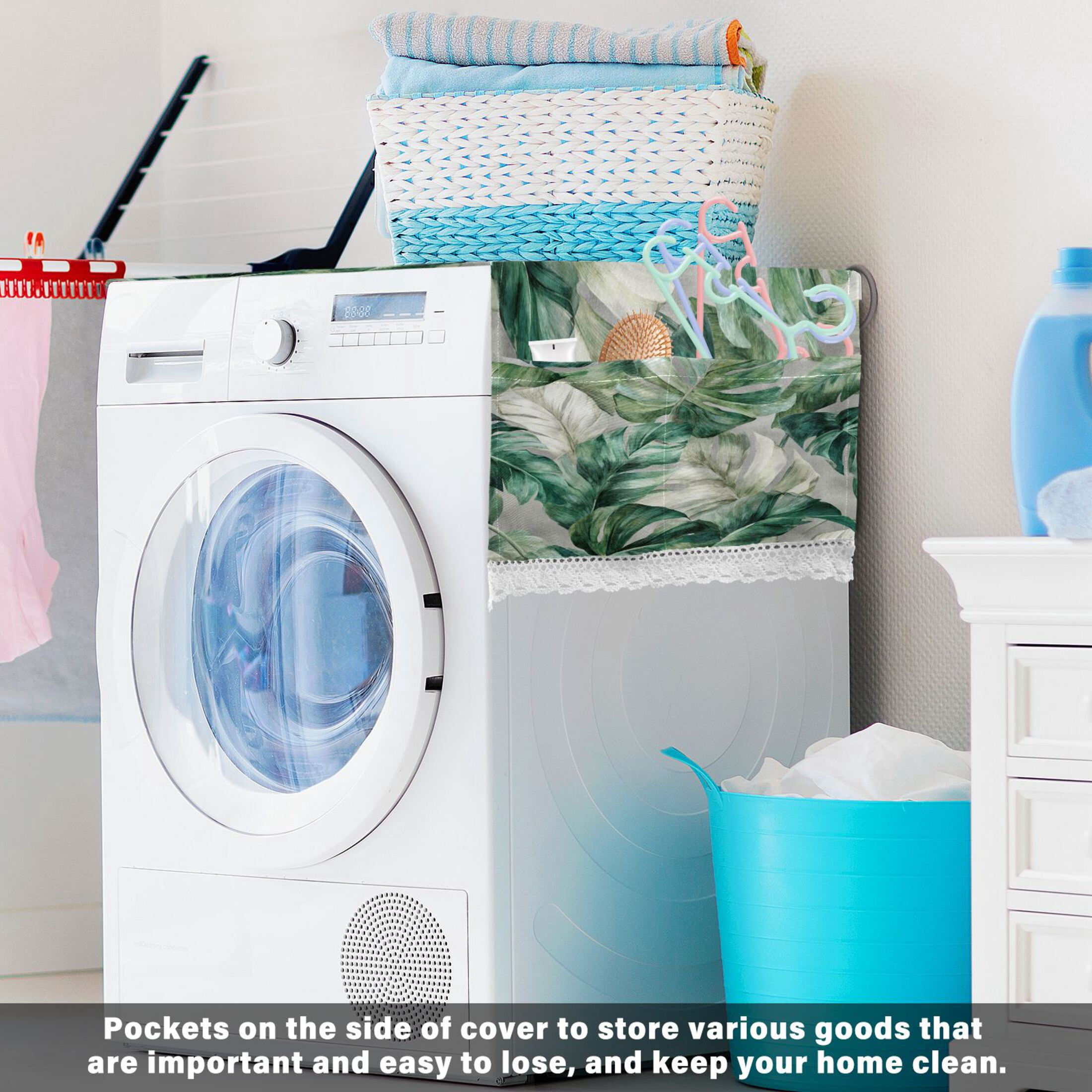 Wobogo Tropical Leaves Washing Machine Cover Dustproof Washer Dryer Cover Waterproof Laundry Room Decorative Protector
