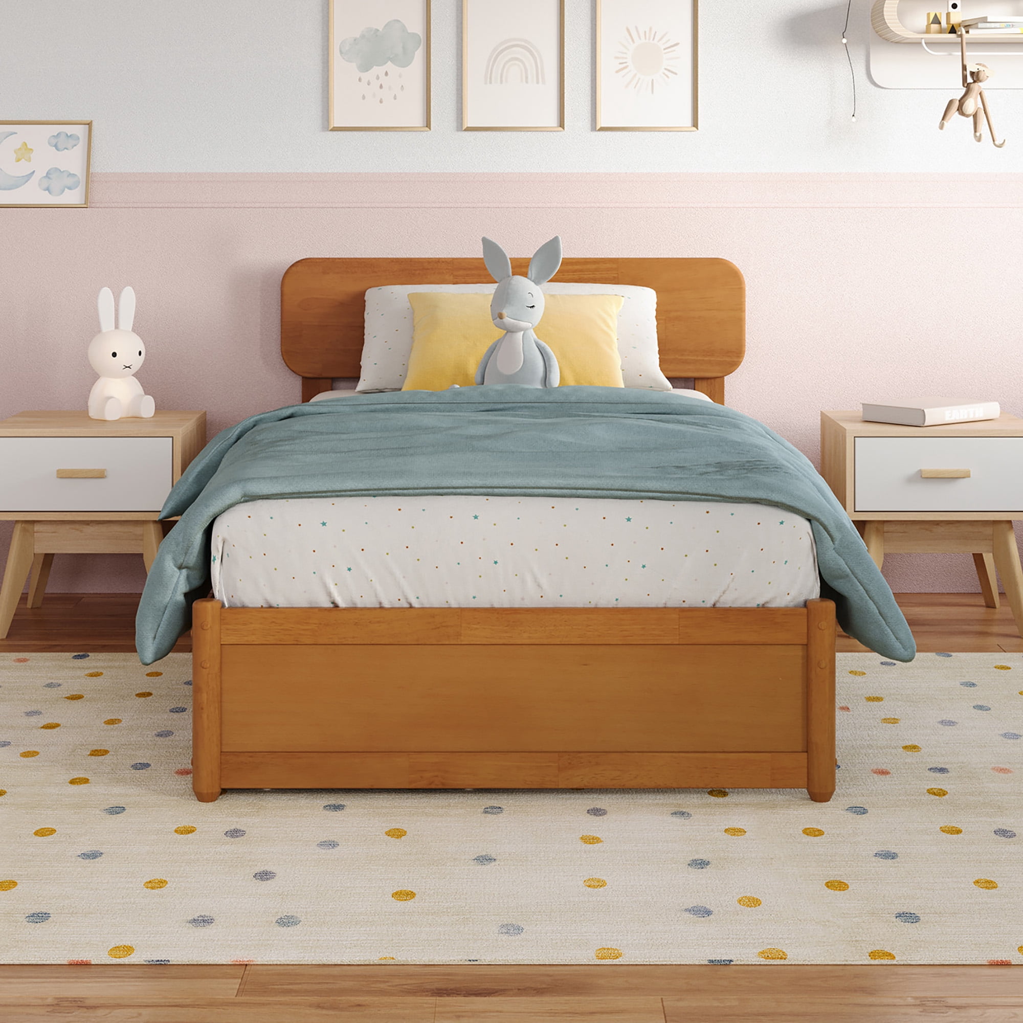 AFI Capri Twin Wood Platform Bed with Panel Footboard and Storage Drawers, Light Toffee