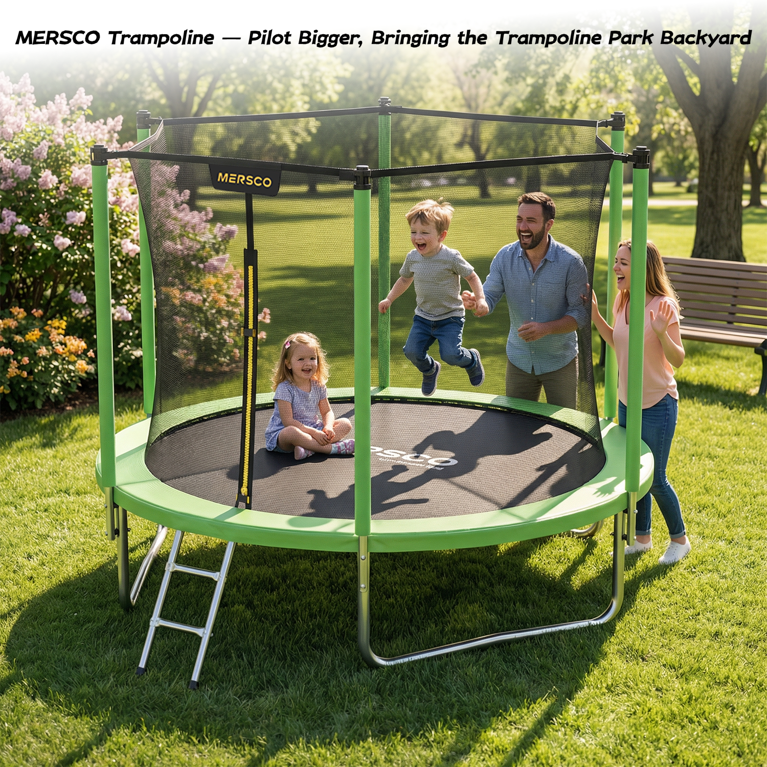 Mersco 8ft Trampoline for Kids and Adults,Outdoor Trampoline with Enclosure,Ladder,Upright-Poled Backyard Trampoline PLAY for Family Fun,Jumping Trampoline for Birthday Gift,Green