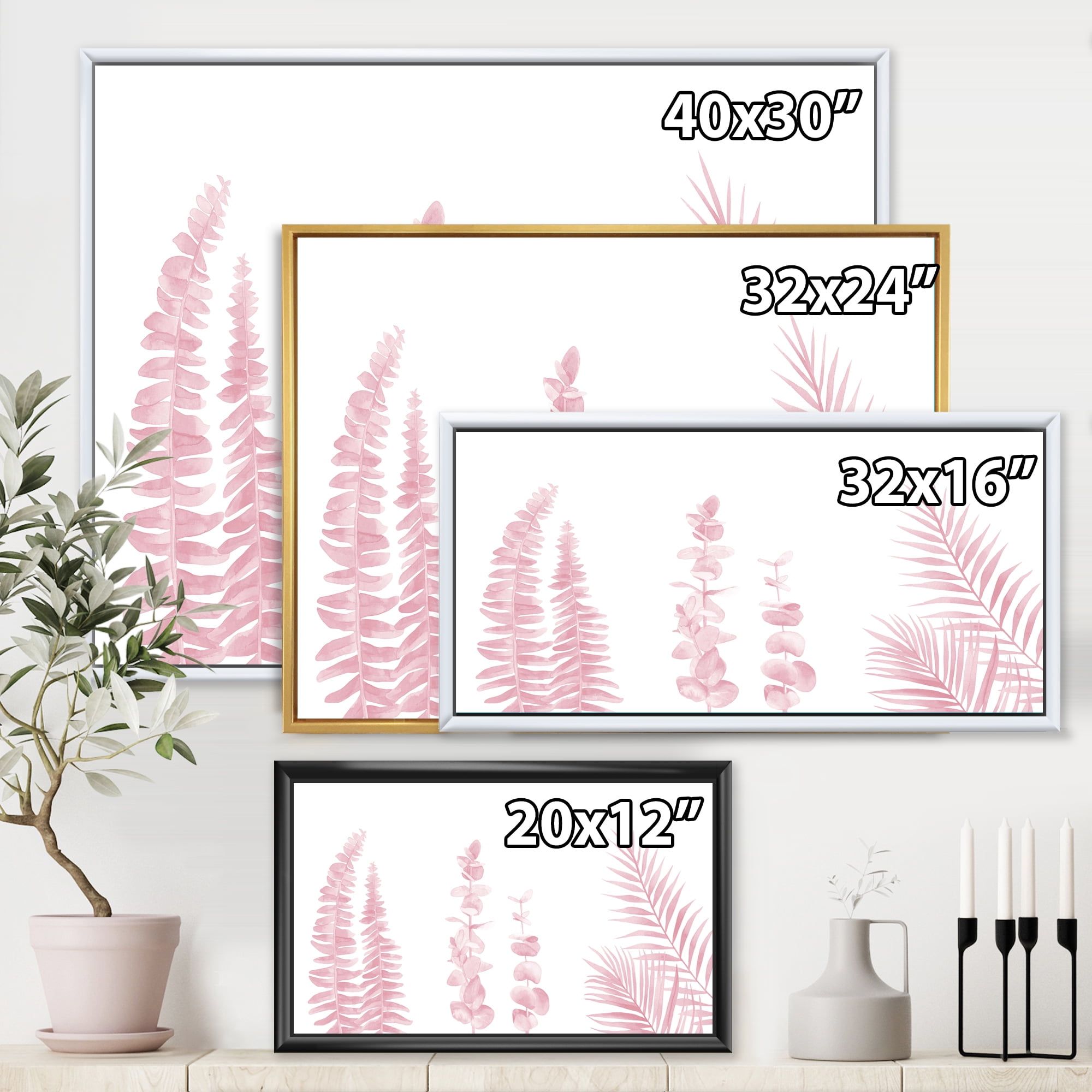 Designart 'Palm Branches and Blush Pinkeucalyptus' Shabby Chic Framed Canvas Wall Art Print