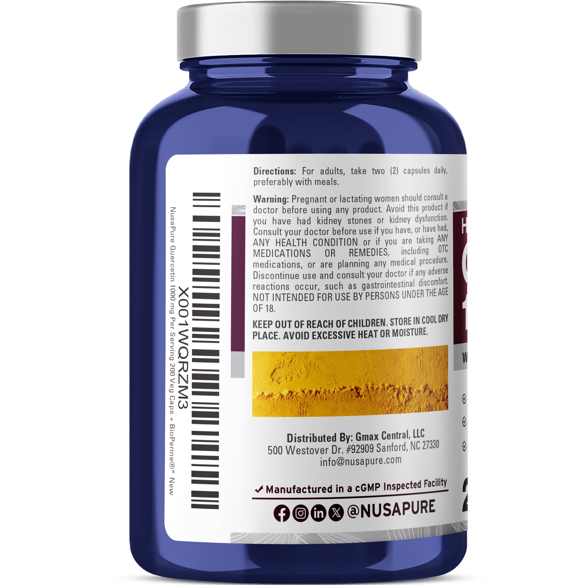 NusaPure Quercetin 1000mg - 200 Veggie Capsules, Non-GMO & Gluten-Free, Vegetarian Formula with Bioperine, Dietary Supplement for Unisex Adult Health & Wellness