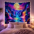 thumbnail image 2 of Glowing Neon Waterfalls on Dark Mountains with a Luminous Moon, Dreamy Fantasy for Nature Lovers, Celestial Wall Art Decor, Housewarming Gift, Tapestry Wall Hanging for Bedroom and Living Room, 2 of 7