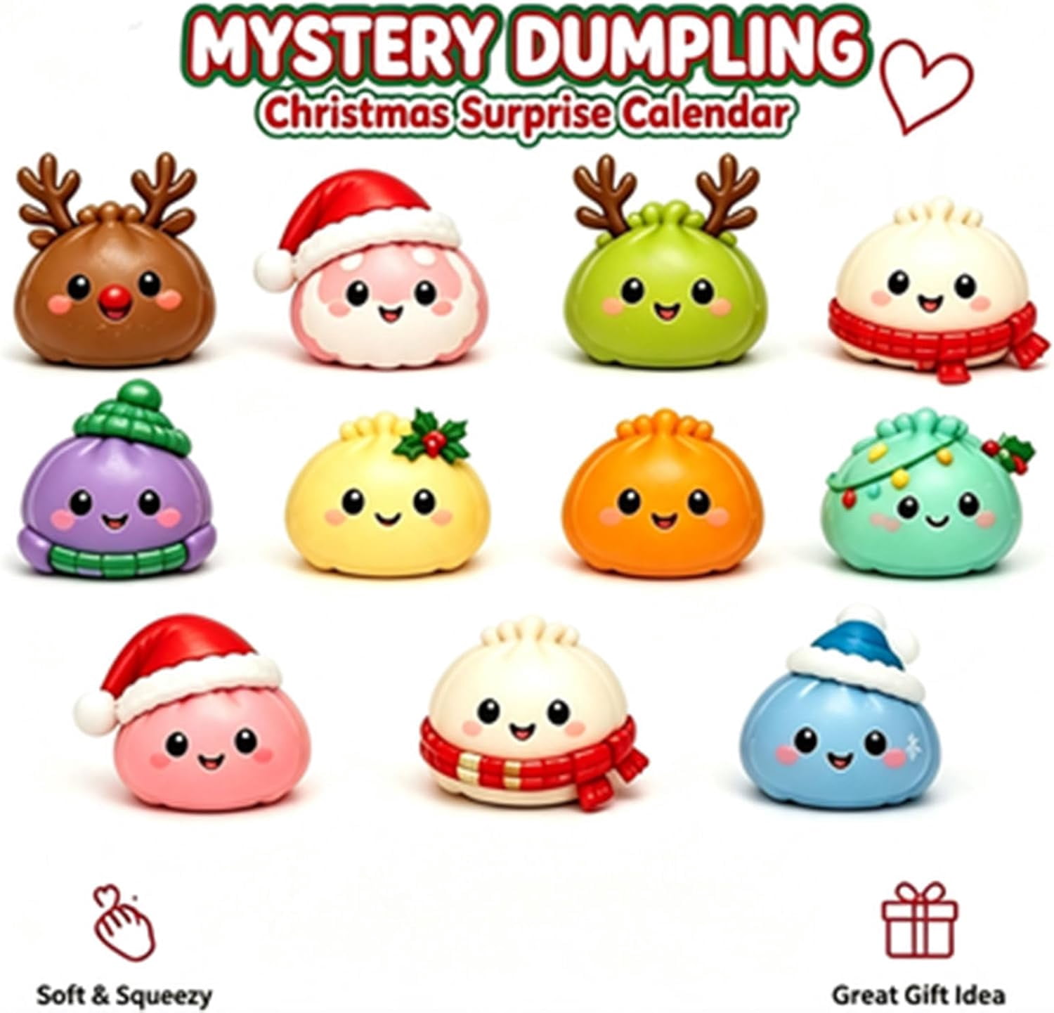 Kawaii Mystery Dumpling Squishy Advent Calendar 24 Days, Squeeze Sensory Fidget Toys Christmas Countdown Box, Festive Holiday Party Favors & Stocking Stuffers for Holiday
