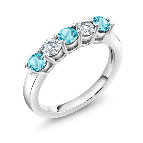 Gem Stone King 925 Sterling Silver Swiss Blue Topaz and White Moissanite 5-Stone Wedding Anniversary Band Ring for Women (0.92 Cttw, Gemstone November Birthstone, Size 9)