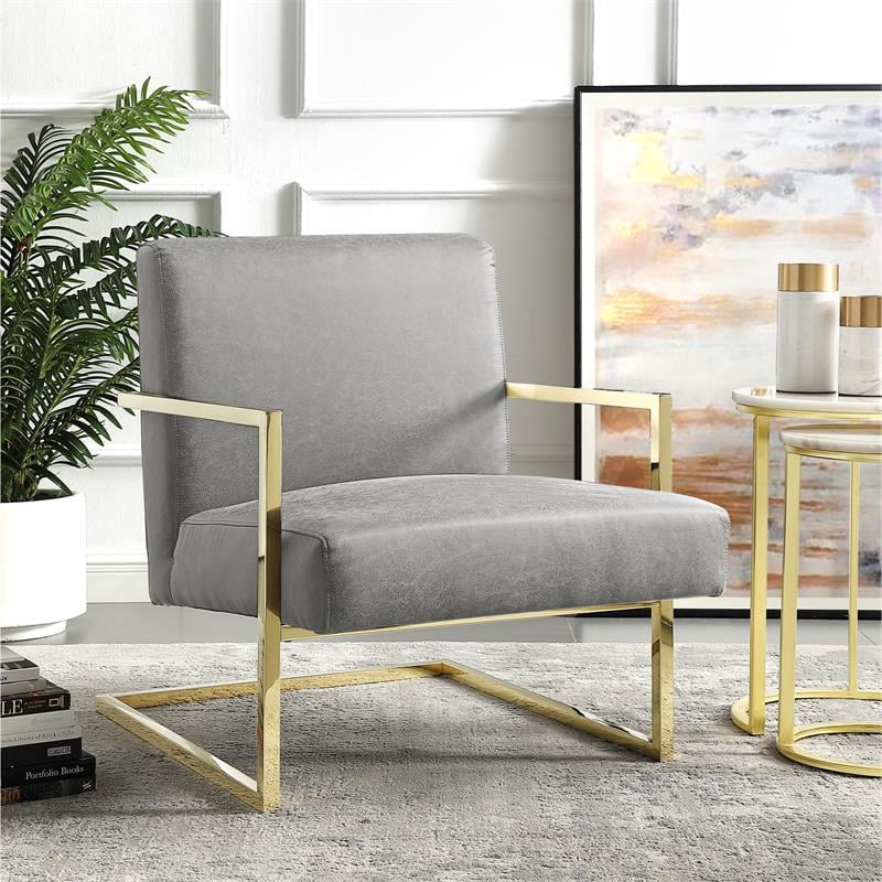 Posh Living Xzavier Faux Leather Accent Chair in Light Gray/Gold