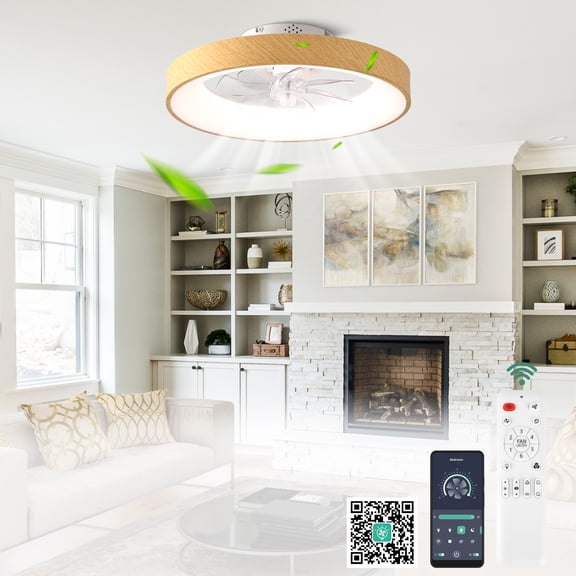 Cusp Barn 20 inch Modern Smart Dimmable Flush Mount Ceiling Fan with LED Lights and Remote, 6 Speeds Low Profile Bladeless Ceiling Fan with RGB Light