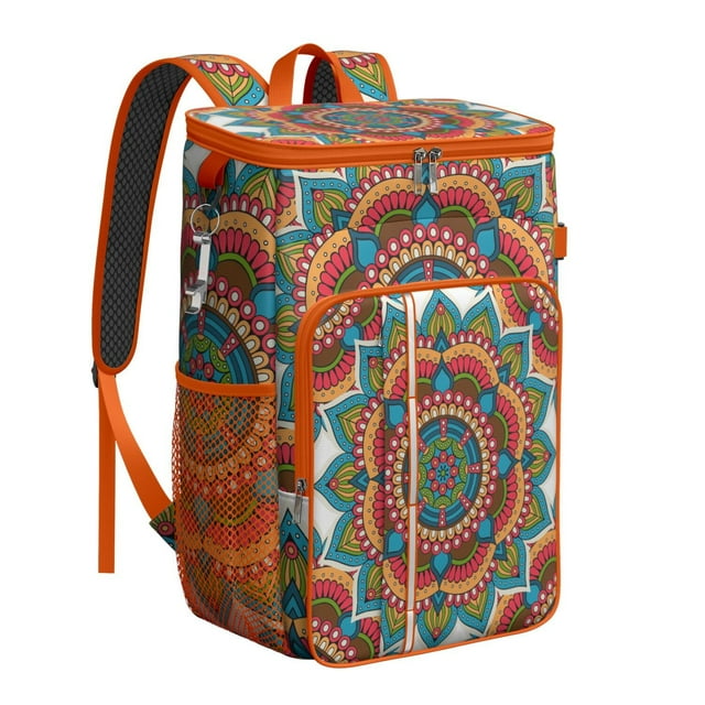 Cooler Backpack Mandala Ethnic Zen Pattern, Leak Proof Lunch Backpack, Tribal Abstract Floral Design Bag for Outdoor Beach Camping