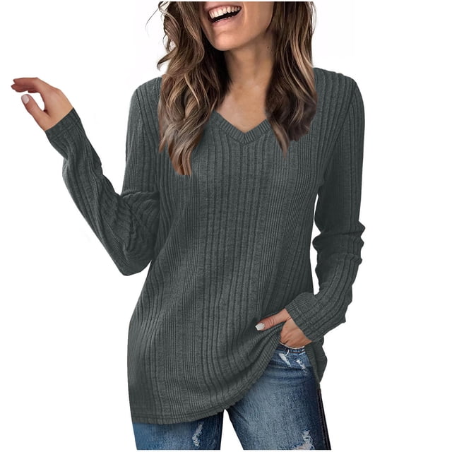 Yuyuzo Womens Fall Tops V Neck Long Sleeve Ribbed Loose Casual Comfort Solid Color Thermal Tunic Top