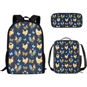 doginthehole Chicken Print Backpack Set With Lunch Bag for Kids Boys Girls Vintage Rooster Pattern School Bag Cute